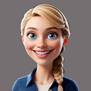 Eine fröhliche, animierte Figur mit blonden Haaren und strahlend blauen Augen lächelt freundlich in die Kamera.